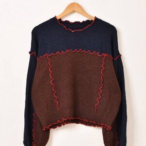 Unique Japanese Vintage Color-Block Wool Blend Sweater with Lettuce Edge Trim